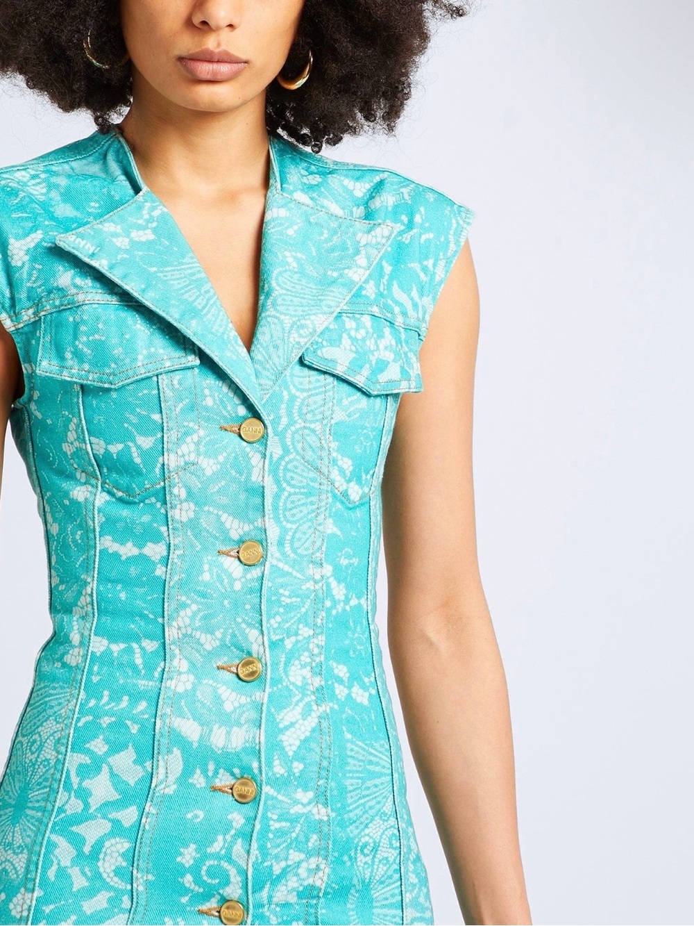 Ganni Teal Floral-Print Organic Cotton Denim Dress